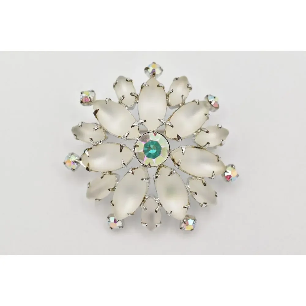 Vintage Crystal Flower Pin Brooch Frosted AB Rhinestone Prong Silver 1990s BinBG